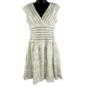 Adrianna‎ Papell Floral Metallic Mesh A-Line Midi Dress Cream Ivory Gold Size 2